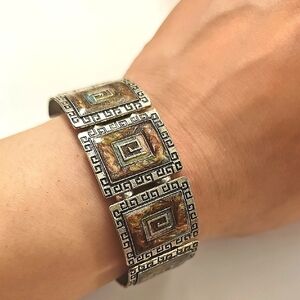 Silvertone Greek Key Enamel Panel Stretch Bracelet